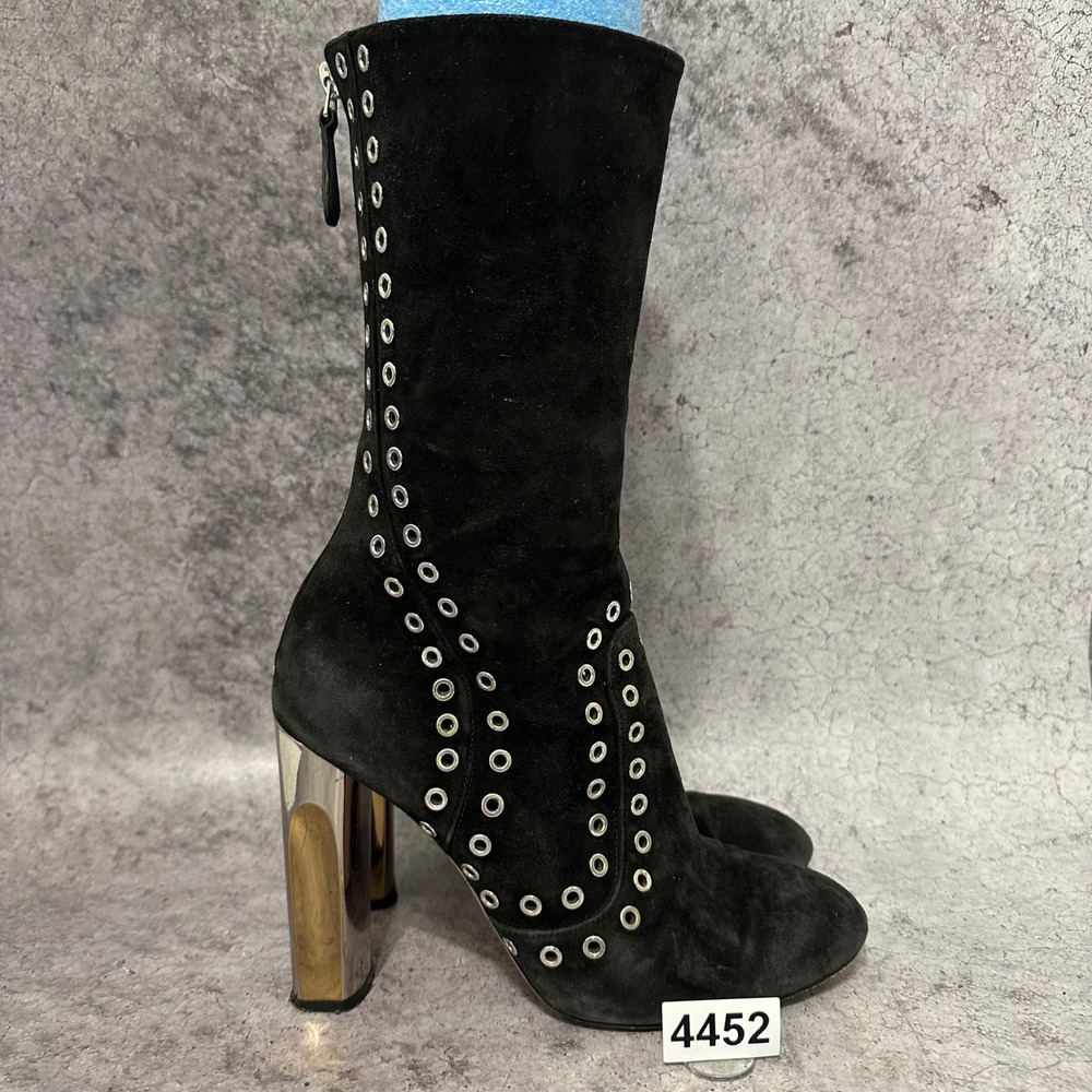 Alexander McQueen Mid-Calf Boots 39 US 9 Black Suede Eyelet Grommet Block Heel